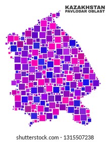 Mosaic Pavlodar Region map isolated on a white background. Vector geographic abstraction in pink and violet colors. Mosaic of Pavlodar Region map combined of scattered small squares.