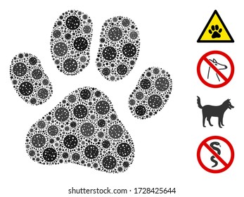 Mosaic paw footprint united from coronavirus icons in different sizes and color hues. Vector pathogen parts are arranged into abstract mosaic paw footprint icon. Some bonus icons are added.