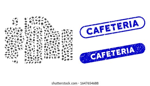Mosaic pay credit card and distressed stamp seals with Cafeteria text. Mosaic vector pay credit card is designed with randomized oval elements. Cafeteria stamp seals use blue color,