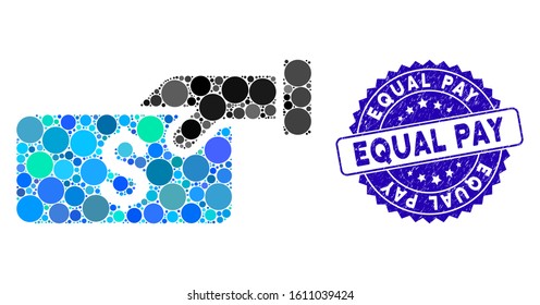 Mosaic pay icon and rubber stamp seal with Equal Pay phrase. Mosaic vector is created with pay icon and with scattered circle items. Equal Pay stamp seal uses blue color, and scratched design.