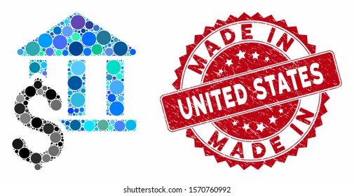 Mosaic pay library and rubber stamp seal with Made in United States caption. Mosaic vector is designed from pay library icon and with randomized circle items.