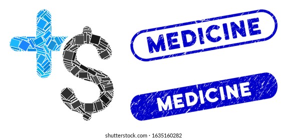 Mosaic pay medicine and rubber stamp seals with Medicine phrase. Mosaic vector pay medicine is formed with scattered rectangle items. Medicine seals use blue color, and have round rectangle shape.