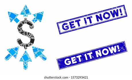Mosaic payment broker icon and rectangle Get It Now! rubber prints. Flat vector payment broker mosaic icon of random rotated rectangle items. Blue Get It Now! rubber seals with scratched surface.