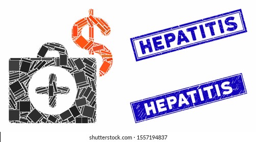 Mosaic payment healthcare icon and rectangle watermarks. Flat vector payment healthcare mosaic icon of scattered rotated rectangle items. Blue caption watermarks with dirty textures.