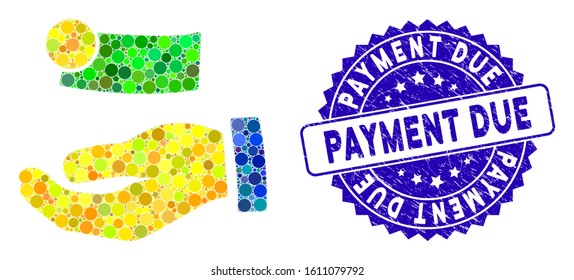 Mosaic payment icon and corroded stamp seal with Payment Due text. Mosaic vector is composed with payment icon and with random spheric elements. Payment Due seal uses blue color, and grunge texture.