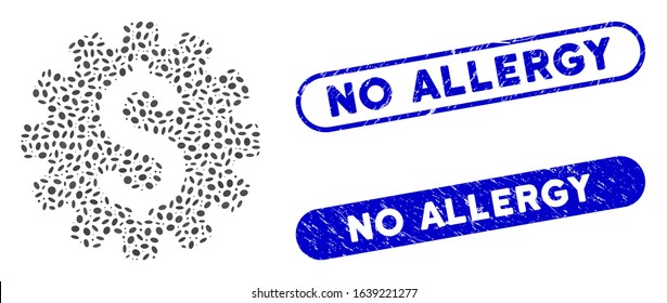 Mosaic payment options and corroded stamp seals with No Allergy phrase. Mosaic vector payment options is formed with random oval elements. No Allergy seals use blue color,