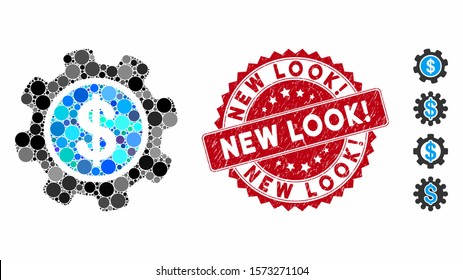 Mosaic payment options gear icon and corroded stamp seal with New Look! text. Mosaic vector is formed with payment options gear icon and with scattered circle elements. New Look! seal uses red color,