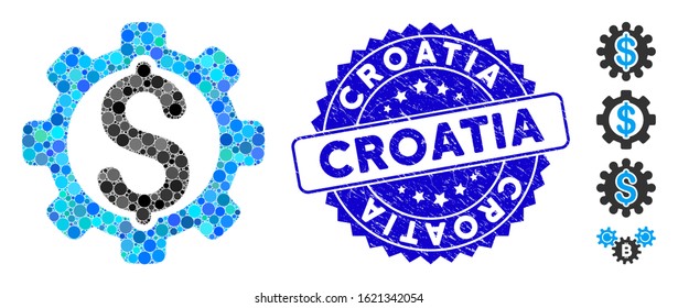 Mosaic payment options icon and distressed stamp seal with Croatia phrase. Mosaic vector is composed with payment options icon and with scattered round items. Croatia seal uses blue color,