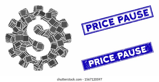 Mosaic payment options icon and rectangle seals. Flat vector payment options mosaic icon of scattered rotated rectangular elements. Blue caption seals with distress surface.