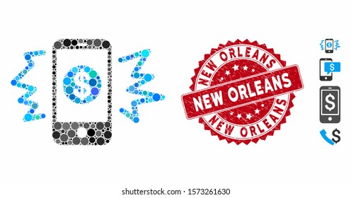 Mosaic payment phone ring icon and grunge stamp seal with New Orleans phrase. Mosaic vector is formed from payment phone ring icon and with random round spots. New Orleans stamp seal uses red color,