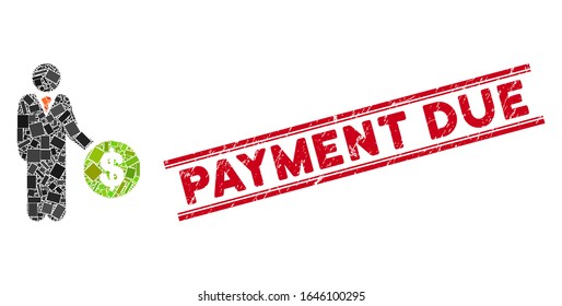 Mosaic payment pictogram and red Payment Due seal stamp between double parallel lines. Flat vector payment mosaic pictogram of randomized rotated rectangle elements.