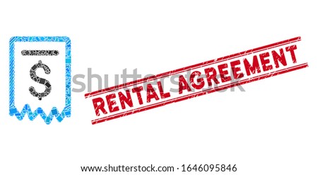 Mosaic payment receipt icon and red Rental Agreement rubber print between double parallel lines. Flat vector payment receipt mosaic icon of randomized rotated rectangular elements.