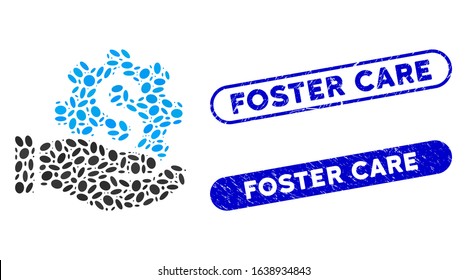 Mosaic payment service hand and rubber stamp seals with Foster Care caption. Mosaic vector payment service hand is created with randomized elliptic pieces. Foster Care stamp seals use blue color,
