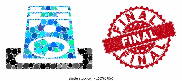 Mosaic payment terminal and grunge stamp seal with Final phrase. Mosaic vector is created with payment terminal icon and with scattered round items. Final seal uses red color, and distress texture.