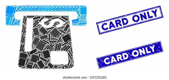 Mosaic payment terminal pictogram and rectangular seal stamps. Flat vector payment terminal mosaic icon of scattered rotated rectangular items. Blue caption seal stamps with grunged textures.