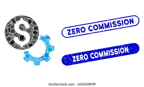 Mosaic payment tools and distressed stamp watermarks with Zero Commission caption. Mosaic vector payment tools is created with scattered rectangle items. Zero Commission stamp seals use blue color,