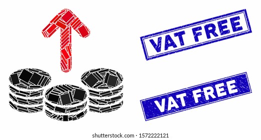 Mosaic payout coins pictogram and rectangle Vat Free rubber prints. Flat vector payout coins mosaic pictogram of scattered rotated rectangle items. Blue Vat Free rubber seals with rubber textures.