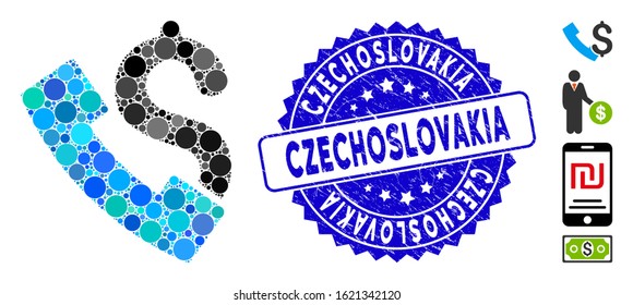 Mosaic payphone icon and grunge stamp seal with Czechoslovakia caption. Mosaic vector is created from payphone icon and with random circle items. Czechoslovakia stamp seal uses blue color,