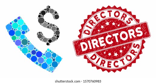 Mosaic payphone and rubber stamp seal with Directors caption. Mosaic vector is created with payphone icon and with randomized spheric elements. Directors stamp uses red color, and rubber texture.