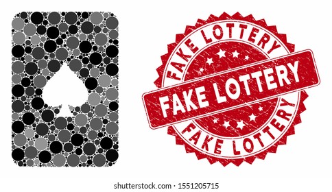 Mosaic peaks playing card and grunge stamp watermark with Fake Lottery phrase. Mosaic vector is formed with peaks playing card icon and with scattered round elements.