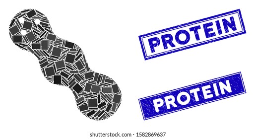 Mosaic peanut pictogram and rectangular Protein seal stamps. Flat vector peanut mosaic icon of randomized rotated rectangular elements. Blue Protein seal stamps with distress surface.
