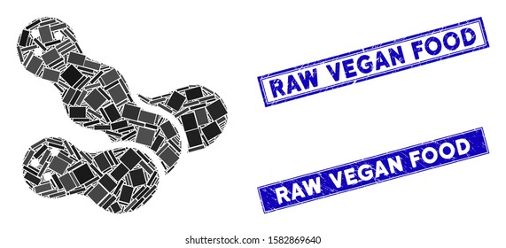 Mosaic peanuts pictogram and rectangle Raw Vegan Food stamps. Flat vector peanuts mosaic icon of scattered rotated rectangle elements. Blue Raw Vegan Food stamps with rubber textures.