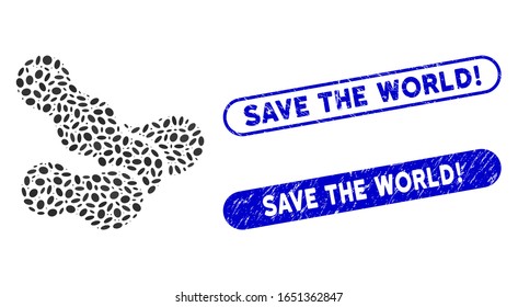 Maní de mosaico y sellos de goma con Save the World! , para obtener más información. Los cacahuetes vectoriales mosaicos se crean con puntos de elipse aleatorizados. ¡Salven al mundo! los sellos de sellos utilizan color azul,