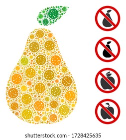 Mosaic pear composed of SARS virus icons in random sizes and color hues. Vector pathogen icons are composed into abstract mosaic pear icon. Some bonus icons are added.