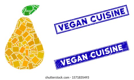 Mosaic pear icon and rectangular Vegan Cuisine stamps. Flat vector pear mosaic icon of randomized rotated rectangular items. Blue Vegan Cuisine seals with corroded textures.