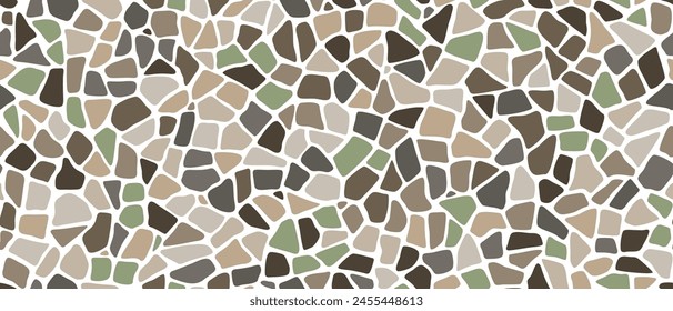 Mosaic pebble stone ground pattern with rock texture. Pebble, gravel and cobblestone floor or wall tile vector background. White, gray and brown pavement surface abstract geometric pattern background