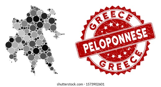 Mosaic Peloponnese Peninsula map and circle seal stamp. Flat vector Peloponnese Peninsula map mosaic of scattered round items. Red seal stamp with grunge texture.