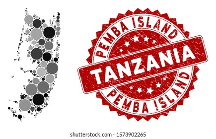 Mosaic Pemba island map and round seal stamp. Flat vector Pemba island map mosaic of random round elements. Red seal stamp with scratched texture. Designed for political and patriotic applications.
