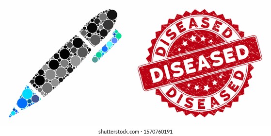 Mosaic pen and rubber stamp seal with Diseased caption. Mosaic vector is designed with pen icon and with randomized spheric items. Diseased stamp seal uses red color, and distress design.