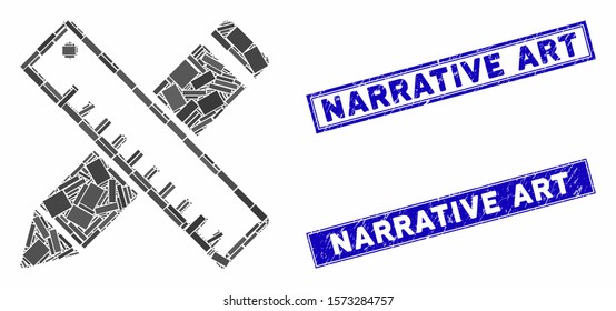 Mosaic pen and ruler design tools pictogram and rectangle Narrative Art seals. Flat vector pen and ruler design tools mosaic pictogram of random rotated rectangle items.