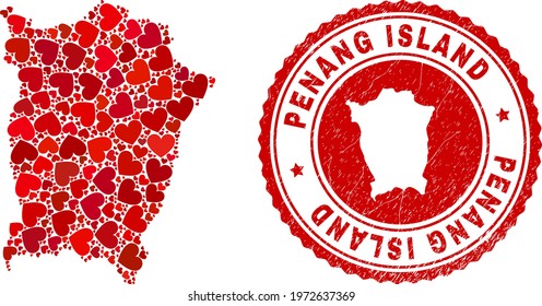 Mosaic Penang Island map designed with red love hearts, and dirty stamp. Vector lovely round red rubber seal stamp imitation with Penang Island map inside.