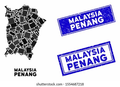 Mosaic Penang Island map and rectangular seal stamps. Flat vector Penang Island map mosaic of random rotated rectangular items. Blue caption stamps with grunged surface.
