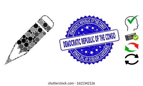 Mosaic pencil icon and grunge stamp watermark with Democratic Republic of the Congo text. Mosaic vector is composed with pencil pictogram and with randomized spheric items.