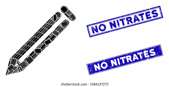 Mosaic pencil icon and rectangle No Nitrates stamps. Flat vector pencil mosaic icon of random rotated rectangle elements. Blue No Nitrates seal stamps with distress texture.