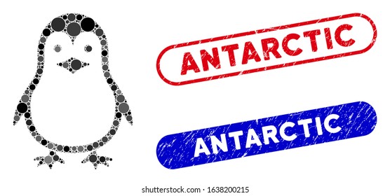Mosaic penguin and rubber stamp seals with Antarctic phrase. Mosaic vector penguin is formed with scattered round elements. Antarctic stamp seals use blue and red colors,