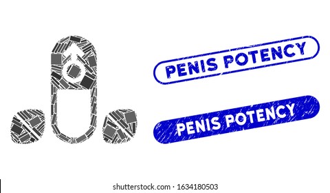 Mosaic penis potency tablets and corroded stamp seals with Penis Potency caption. Mosaic vector penis potency tablets is composed with random rectangle items. Penis Potency stamp seals use blue color,