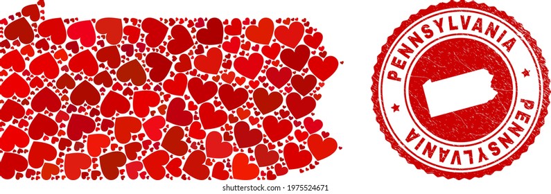 Mosaic Pennsylvania State map composed with red love hearts, and unclean seal. Vector lovely round red rubber seal imprint with Pennsylvania State map inside.
