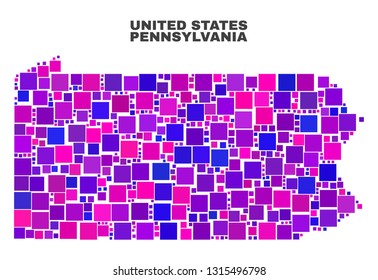 Mosaic Pennsylvania State map isolated on a white background. Vector geographic abstraction in pink and violet colors. Mosaic of Pennsylvania State map combined of random square elements.