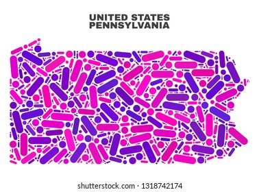 Mosaic Pennsylvania State map isolated on a white background. Vector geographic abstraction in pink and violet colors. Mosaic of Pennsylvania State map combined of random circle dots and lines.