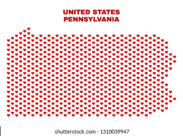 Mosaic Pennsylvania State map of valentine hearts in red color isolated on a white background. Regular red heart pattern in shape of Pennsylvania State map.