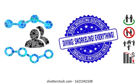 Mosaic people charts icon and corroded stamp seal with Diving! Snorkeling! Everything! caption. Mosaic vector is formed with people charts icon and with randomized circle elements.