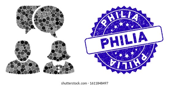 Mosaic people chat icon and corroded stamp seal with Philia text. Mosaic vector is composed with people chat icon and with scattered circle items. Philia stamp seal uses blue color, and grunge design.