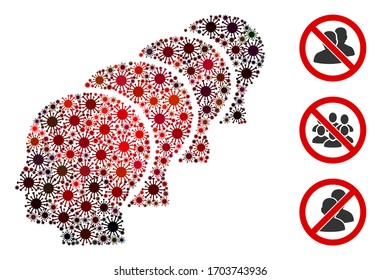Mosaic people composed of coronavirus items in various sizes, red colors. Vector infection items are composed into abstract mosaic people icon. Some bonus icons are added.