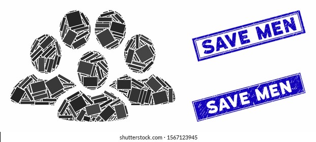 Mosaic people crowd pictogram and rectangular seal stamps. Flat vector people crowd mosaic icon of random rotated rectangular elements. Blue caption seal stamps with distress textures.