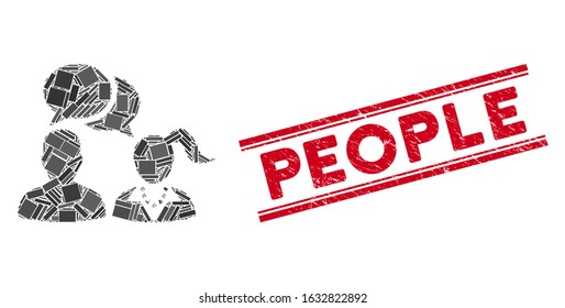 Mosaic people dating chat icon and red People rubber print between double parallel lines. Flat vector people dating chat mosaic icon of randomized rotated rectangle elements.
