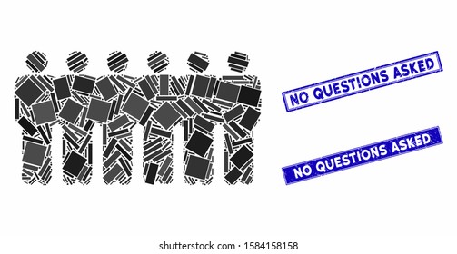 Mosaic people demographics pictogram and rectangular No Questions Asked seal stamps. Flat vector people demographics mosaic pictogram of scattered rotated rectangular items.